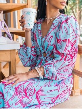Jessica Simpson Summer Tropical Print Cutout Maxi Dress Light blue Pink Small